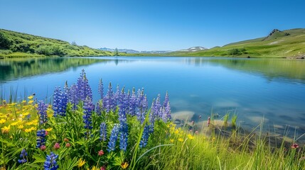 Wall Mural - serene lake wildflowers clear