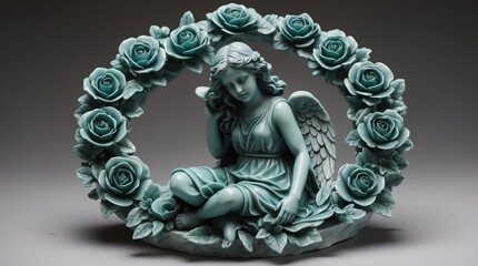 Wall Mural - teal flowers crown wreath of angel marble sculpture statue art