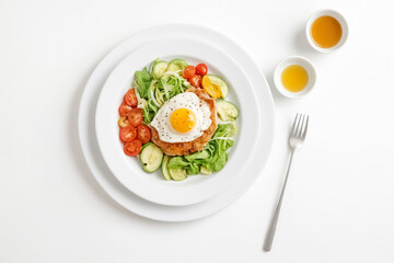 Wall Mural - Fried Egg, Chicken Patty, Salad, and Tomato with Dressing on Plate
