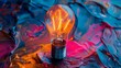 © Paul - Top angle, radiant lightbulb with colorful oil paint swirls, abstract concept of innovation and inspiration, bright illumination and energy