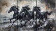 © Paul - Stylish 3-panel wall art featuring a marble texture, 8 black horse silhouettes in fluid motion, refined and artistic design