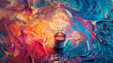 Overhead angle, bright lightbulb with vibrant oil paint swirls, abstract illustration of creative ideas and innovation, glowing energy concept