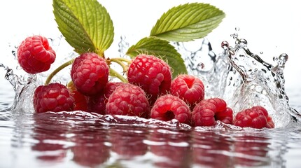 Wall Mural - bunch of raspberry on plain white background with water splash