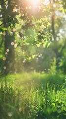 Wall Mural - Defocused green trees in forest or park with wild grass and sunlight. Beautiful summer spring nature background, 4k HD wallpaper, background, generated by AI.Lush Green Foliage and Sunlight in the For