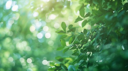 Wall Mural - Defocused green trees in forest or park with wild grass and sunlight. Beautiful summer spring nature background, 4k HD wallpaper, background, generated by AI.Lush Green Foliage and Sunlight in the For