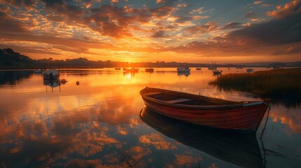 Wall Mural - sunset quiet lake boats image