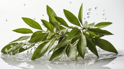 Wall Mural - bunch of curry leaves on plain white background with water splash