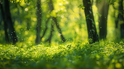 Wall Mural - Defocused green trees in forest or park with wild grass and sunlight. Beautiful summer spring nature background, 4k HD wallpaper, background, generated by AI.Lush Green Foliage and Sunlight in the For