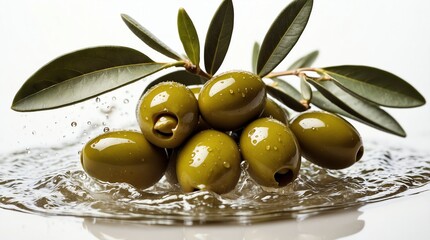 Wall Mural - bunch of olive on plain white background with water splash
