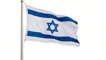 Israeli flag on a flagpole, isolated on a white background. The national flag of Israel.	