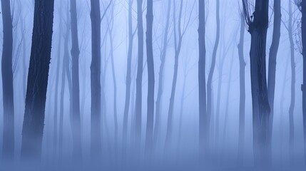 Wall Mural - Mystical Foggy Forest with Bare Trees in Blue Hue, Enchanting Winter Woodland with Silhouetted Trunks, Ethereal Dreamy Landscape, Nature Background for Tranquil, Serene, and Peaceful Designs