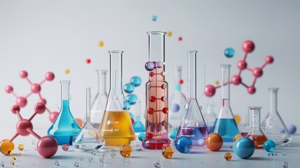 illustration of a scientific experiment setup with different glassware and colorful liquids, molecul