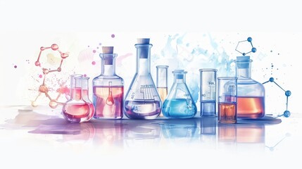 Wall Mural - high-resolution illustration of a chemistry set with various liquids and molecular structures, isola