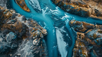 Wall Mural - A vertical aerial view showcasing the surface of a flowing mountain river