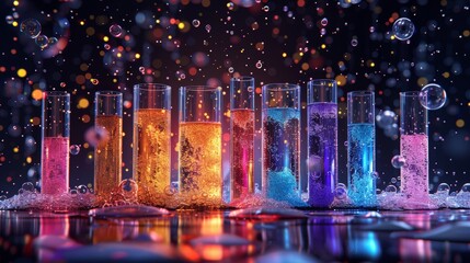 Wall Mural - detailed illustration of test tubes and beakers with vibrant chemical solutions, molecules floating 