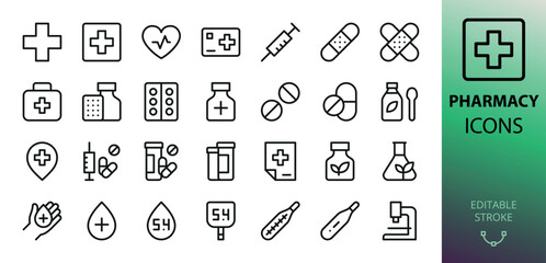 Poster - pharmacy isolated icons set. set of drugstore, heart pulse, syringe, medical patch, tablets and pill