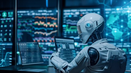 Poster - A robot is seated at a desk, focused on the laptop screen in front of it.