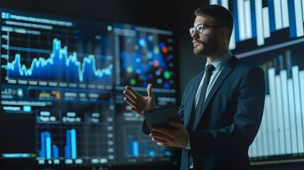 Poster - A man in a suit and tie standing in front of a monitor, appearing focused and engaged.