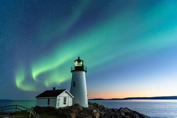 a lighthouse in the dark with the night sky colored with aurora borealis.