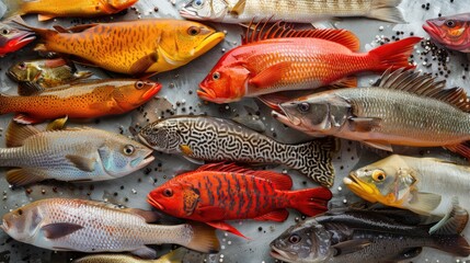 Sticker - Fish arrangement Variety of sea and river fish displayed flat Photo in landscape orientation