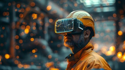 A construction worker wearing virtual reality glasses in the middle of an industrial plant, looking at holographic images on his VR headset.