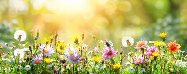 Spring meadow with vibrant wildflowers and dandelions on a sunny day