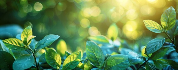 Aufkleber - Green leaves in the forest with sunlight, spring nature background. Earth Day concept