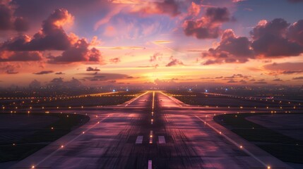 Wall Mural - An airport runway lit by the evening sunset, ready for planes to land or take off