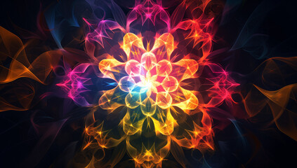 Poster - A colorful fractal flower, glowing and swirling in the center of an abstract background. The flowers have intricate patterns with vibrant colors like reds, yellows, pinks, oranges, and blues. They for