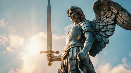 dramatic low angle view of archangel michael statue holding a sword symbol of protection