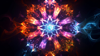 Poster - An abstract digital art design featuring an illuminated flower with vibrant colors and intricate patterns, set against a dark background to highlight the glowing effect of light rays emanating from it