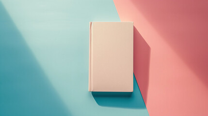 Wall Mural - Hardcover Book on Pastel Blue and Pink Background Symbolizing Minimalist Reading Concept