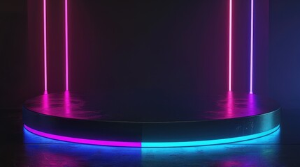 Wall Mural - 3d rendering, empty stage with glowing neon lights