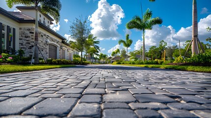 Wall Mural - A photo of a perfectly tiled driveway in front of the house, in the paver style, with beautiful landscaping and greenery surrounding it.