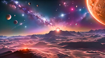 A dynamic solar system with colorful planets rotating on their axes