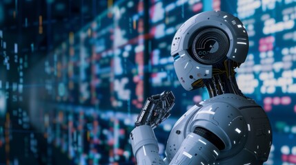 Poster - A robot is upright, facing a wall in front of it.