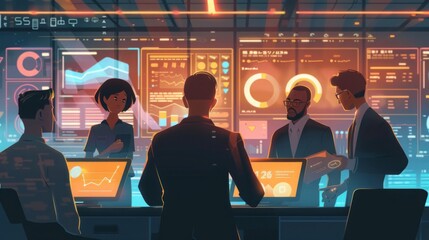 Poster - Several individuals are gathered around a table, each with a laptop open. They appear to be engaged in a meeting or collaborative work session.