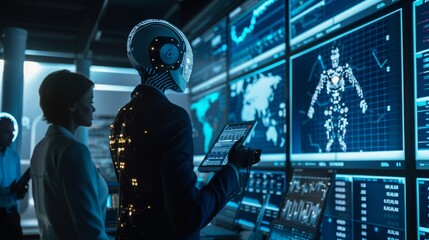 Poster - Two individuals are standing in front of a large wall of computer screens, perhaps analyzing data or monitoring activities.
