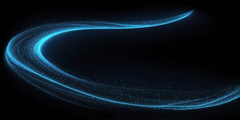 abstract luminous blue curve trail of glowing glitters on plain black banner design background