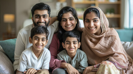 Wall Mural - happy indian family sitting together at home