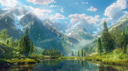 Wall Mural - Summer daytime showcases the stunning natural beauty of mountain landscapes