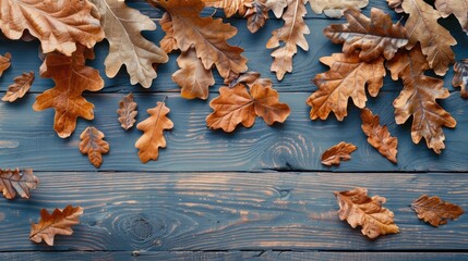 Canvas Print - Autumn oak leaves arranged on a wooden background