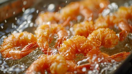 Golden Fried Shrimp Sizzling in Oil
