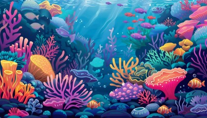 Wall Mural - Underwater landscape. fish, algae and coral reefs are beautiful and colorful. background with sea vegetation and animals