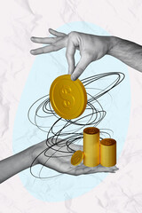 Poster - Collage artwork poster of human arms holding golden coins budget isolated on white color background