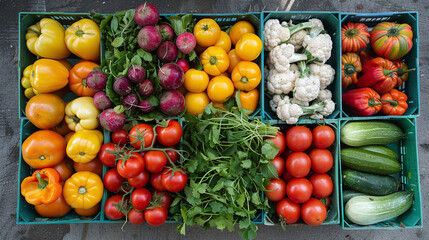 Colorful Assortment of Fresh Vegetables on Display at Farmers Market Overhead Shot
