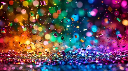 Wall Mural - joyful burst of colorful confetti on dark background celebration concept photo