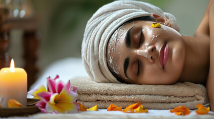 Wall Mural - young indian woman applying turmeric cream on face