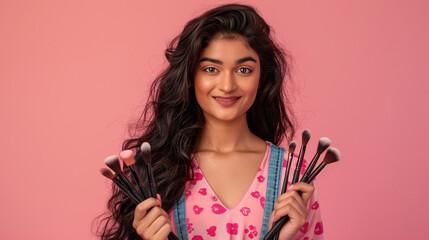 Sticker - young beautiful indian woman holding makeup brush