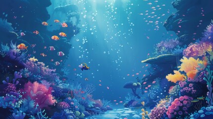 Wall Mural - Underwater landscape. fish, algae and coral reefs are beautiful and colorful. background with sea vegetation and animals